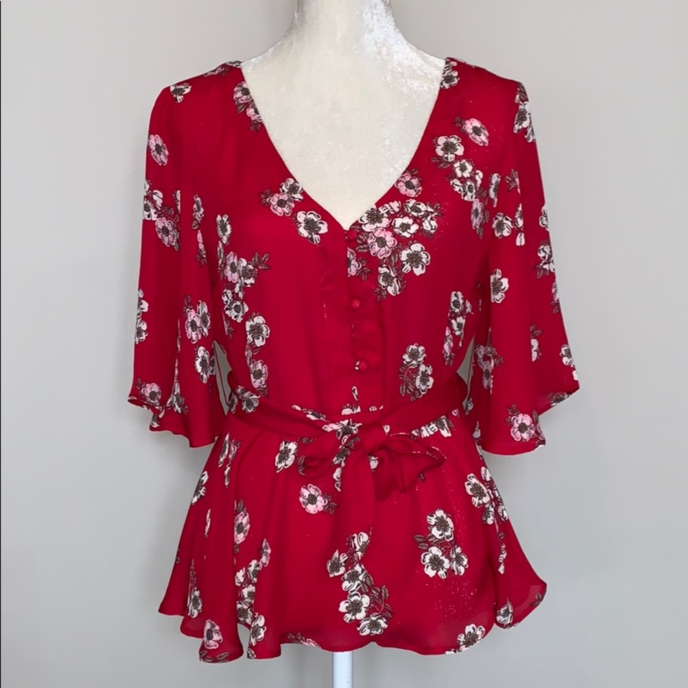 Cupcakes & Cashmere cherry red floral blouse